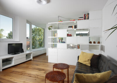 Byt v novostavbě, knihovna, pohovka, konferenční stolky, dřevěná podlaha