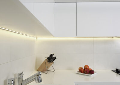 Interiér panelákového bytu, kuchyň, kuchyňská linka, bílá kuchyň, dřevěná podlaha, skříňky, Corian