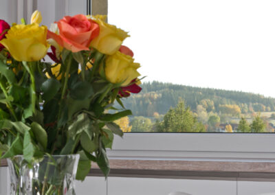 Panelákový byt, kuchyň, kuchyňská linka, jídelní stůl, jídelní židle, interiér panelákového bytu, interiér středočeský kraj, výhled z okna