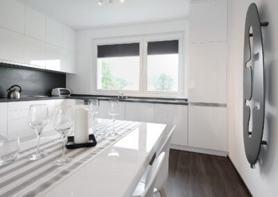 Panelákový byt, obytný prostor, obývák, vinylová podlaha, jídelní stůl, židle, světlo květina, kuchyň, kuchyňská linka, jídelna