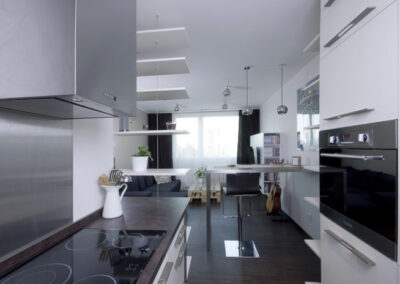 Interiér bytu Řešovská, panelákový byt, kompletní rekonstrukce, pohled z kuchyně do obytného prostoru, kuchyň, varná deska, nerezový odsávač