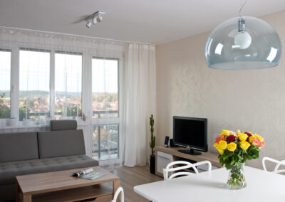 Panelákový byt, pohovka, konferenční stůl, interiér panelákového bytu, interiér středočeský kraj, červené obrazy, jídelní stůl, jídelní židle, TV, televize, tapeta s odlesky, ornamenty na tapetě