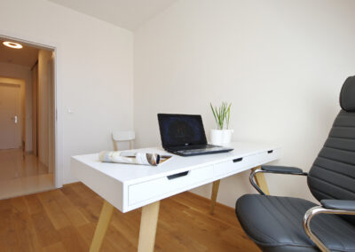 Luxusní byt, pracovna, pracovní stůl, pracovní židle, police, dřevěná podlaha, dubová podlaha, pracovna v podkroví