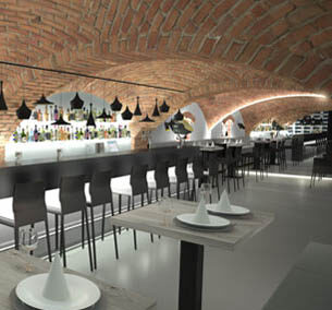 Interiér baru v Poděbradech, vizualizace, barové sezení