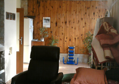 Proměna obývacího pokoje, RD Nučice, původní stav, původní dřevěné obložení zdi, původní křeslo, staré křeslo