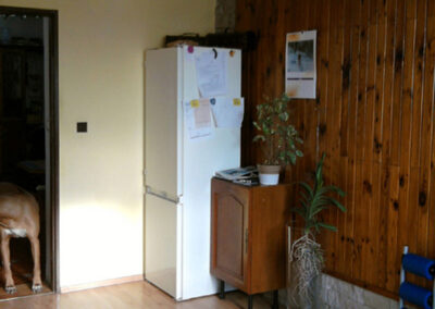 Proměna obývacího pokoje, RD Nučice, původní stav, původní dřevěné obložení zdi, původní nábytek, stará lednice