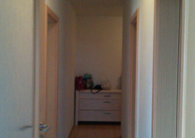 Byt v novostavbě, původní stav, chodba, staré dveře, stará lamino podlaha